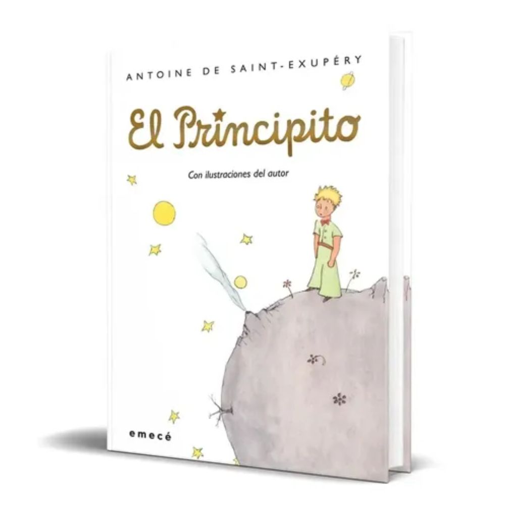 Libro El Principito de Antoine de Saint-Exupéry, pasta dura, con el principito parado en su asteroide en la portada