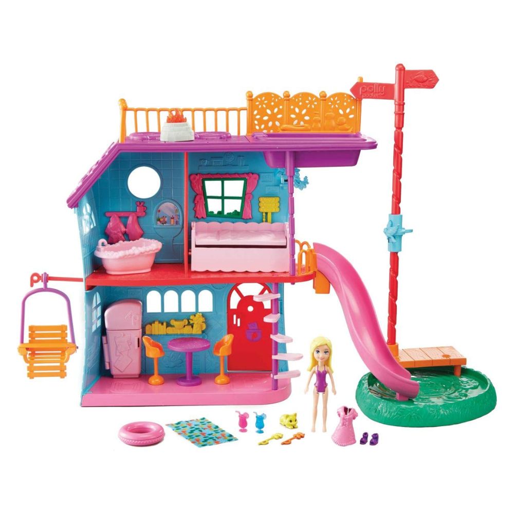 Casa de muñecas de plástico de dos pisos con resbaladilla a la alberca, columpio, muñequita y accesorios