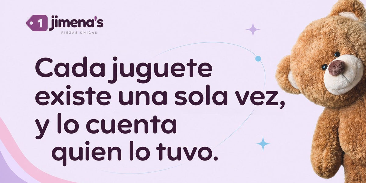Cada juguete existe una sola vez, y lo cuenta quien lo tuvo. Oso de peluche junto al logo de jimena's