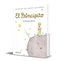 Libro El Principito de Antoine de Saint-Exupéry, pasta dura, con el principito parado en su asteroide en la portada