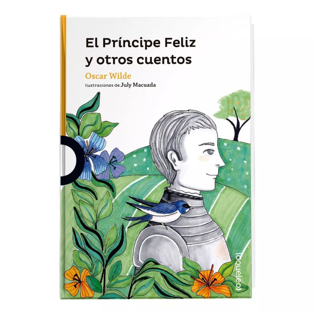Libro El Príncipe Feliz y otros cuentos de Oscar Wilde, pasta dura, con la estatua del príncipe y la golondrina en la portada
